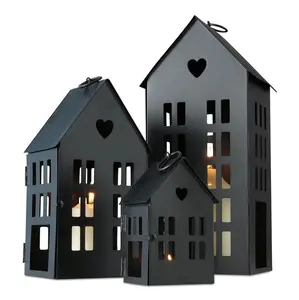 Linternas negras con recubrimiento de polvo para decoración del hogar, faroles de vela de diseño moderno de la mejor calidad para casa de pueblo, jardín y evento