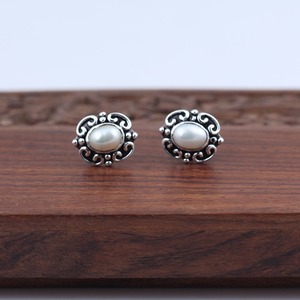 Vintage Inspired Oxidized 925 <b>Silver</b> Pearl <b>Stud</b> <b>Earrings</b> for Women Handcrafted Antique Finish with Intricate Scrollwork - Product Image 1