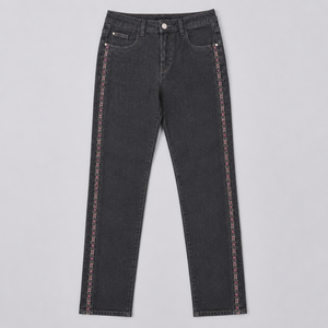 Jeans de Mezclilla Bordados de Pierna Recta Azul Claro para Mujer, Cintura Alta, Estilo Casual, Pantalones de Algodón Lavado, Venta al Por Mayor, OEM, ODM, Personalizados - Product Image 1