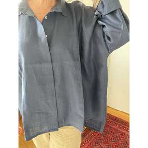 Camisa Oversize de Lino Azul Paloma Oscuro - Estilo Casual Occidental Bordado, Talla Única, Ajuste Holgado para Primavera, Verano y Otoño (Tallas XS-XL) - Product Image 3