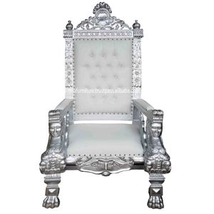 Chaises en acajou en bois massif blanc argenté de loisirs français antiques pas cher King Ralph Head sculpté haut dossier trône vivant velours - Product Image 1