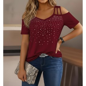 Blusa de Viscosa con Cuello en V y Hombros Descubiertos para Mujer, Marca Jane's, con Adornos de Piedras, Corte Regular Informal para Uso Diario - Product Image 2