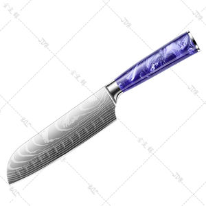 Cuchillo de Cocina de Damasco de 7 Pulgadas con Patrón Láser, Acero Inoxidable 4Cr13 con Mango de Resina Morada, Venta al por Mayor de Fábrica - Product Image 5
