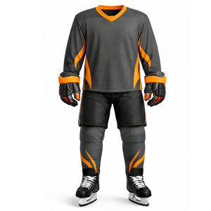 Uniforme de hockey sur glace gris foncé et orange OEM - Concevez votre propre logo, vêtements de sport, maillot d'entraînement professionnel à panneaux incurvés - Product Image 1