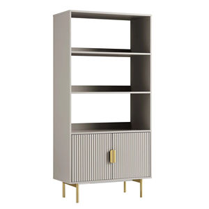 Haura, bibliothèque haute à panneaux en teck massif avec portes, taupe mat - Product Image 1