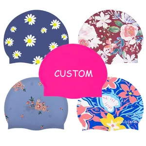 Cappellini personalizzati e logo stampato low moq adulto impermeabile 100% 50g hibiscus flower print cuffia da nuoto in silicone per cuffia da nuoto da donna