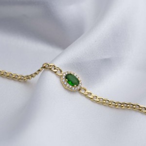 Emerald CZ Stone Oval Shape <b>Charm</b> Gourmet Chain Wholesale Handmade 925 Sterling <b>Silver</b> Jewelry <b>Charm</b> Bracelet - Product Image 2