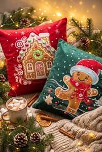Housse de coussin décorative de Noël personnalisée en velours brodé motif maison de pain d'épices, 47x47cm, lavable, avec fermeture éclair, festive - Product Image 4
