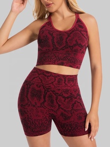 2026 <b>Red</b> Printed Yoga Set High Waist Shorts <b>Crop</b> <b>Top</b> Seamless 2 Piece Halter Neck Sleeveless Spandex Polyester - Product Image 4