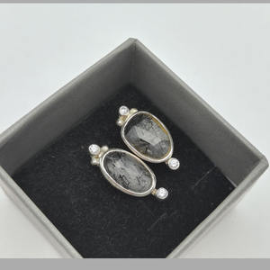 925 Sterling Silver Black Rutile Quartz 15x9mm Oval Gemstone Cz Set Stud Earrings 5.63 Gms Designer Handmade Stone Stud Earring - Product Image 1