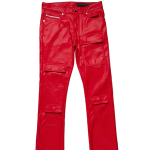 Pantalones de lona elásticos ajustados de cuero PU, pantalones de Moto de hombre rojo con ropa de calle de cintura media, pantalones de chándal acampanados apilados finos - Product Image 2