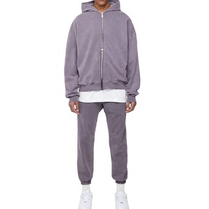 Alta calidad 440G algodón poliéster liso otoño Casual peso medio gota hombro más tamaño ácido lavado hombres Full Zip Hoodie - Product Image 5