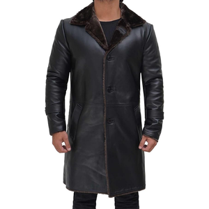 Hommes Noir Pas Cher Prix Vintage En Cuir Shearling Manteaux Vraie Laine Doublure Poignets Côtelés Élégant Chaud Hiver Bomber Veste - Product Image 5