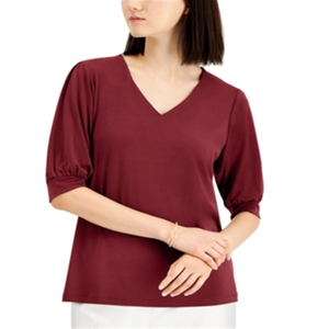 Collezione JM: Top da Donna Rosso con Maniche a Sbuffo e Scollo a V, Taglia Grande, Decorazione in Pizzo Ricamato, Stagione Autunnale, Motivo Tinta Unita, Poliestere - Product Image 1