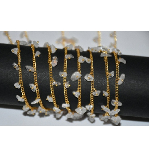 Light Pink Rose Quartz Dangling Uncut Chips Beads Rosary chain. Gold plated Cluster dangling Beaded Chain for Jewelry Making - Product Image 1