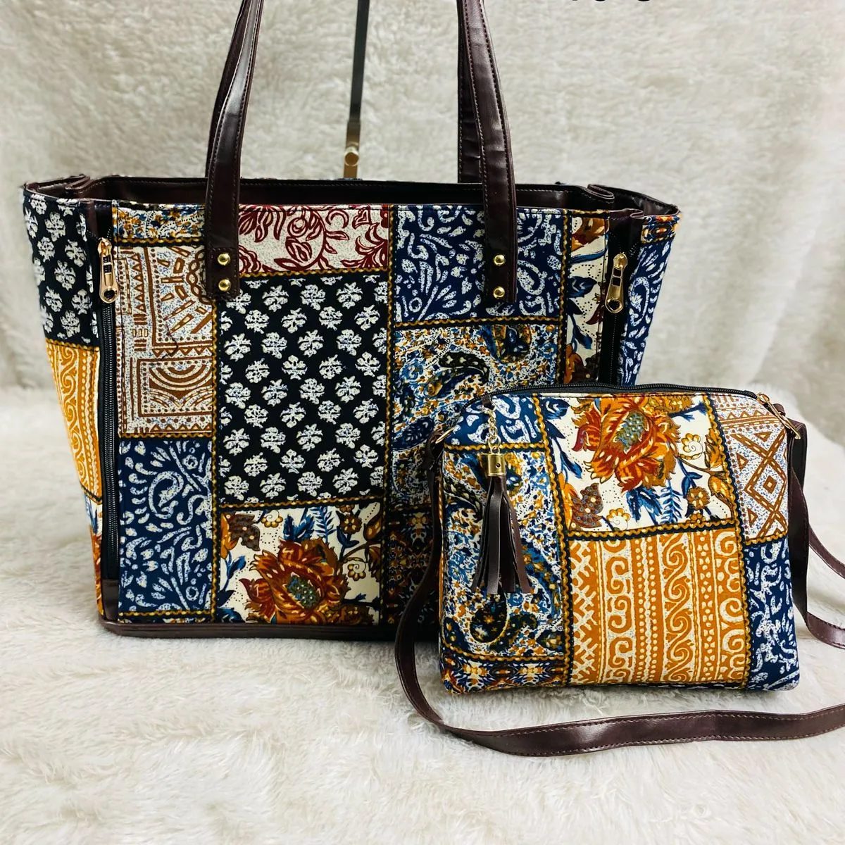 Yepyeni el yapımı tasarımcı çantası pamuklu el çantası güzel tek bölüm baskılı Tote çanta ile tek kollu çanta ve kese seti 3