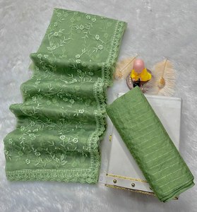 Styles de sari fantaisie long en tissu de soie organza pur, couleur unie, avec broderie, avec pièce de blouse assortie, à prix de gros - Product Image 5