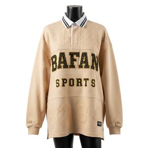 Chemise de rugby pour femme en coton jacquard lourd 320 GSM, beige, manches longues, patch en chenille, logo personnalisé, chemise de rugby pour femme en coton - Product Image 1