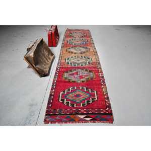 2.9x11.5 ft Vintage Turkish Rug, <b>Runner</b> Rug, <b>Red</b> Herki Oriental Rug - Product Image 1