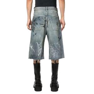 Pantalones cortos vaqueros de mezclilla para hombre, pantalones cortos holgados de carga en blanco desgastados Vintage con diamantes de imitación desteñidos y lavados con ácido - Product Image 2