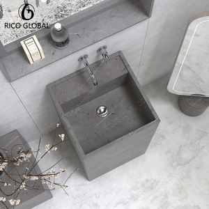 Lavabo sur pied moderne en marbre gris Pietra avec vasque intégrée et robinet mural contemporain - Product Image 3