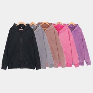 Sweat à capuche personnalisé lavé à l'acide avec broderie en détresse avec fermeture éclair Sweatshirts à capuche pour hommes Vintage Wash Full-zip Hoodie Blank Cotton Pink - Product Image 6