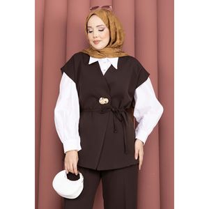 Conjunto de Pantalones y Chaleco de Tweed Color Café para Mujer, Estilo Blazer de Crepé de Dos Piezas con Botones Dorados y Cinturón, Corte Holgado - Product Image 2