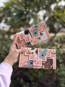 Pochette en cuir de fourrure de vachette véritable outillée à la main portefeuille à découper Vintage couleur Turquoise cartes de crédit en cuir portefeuille en espèces cadeaux - Product Image 4