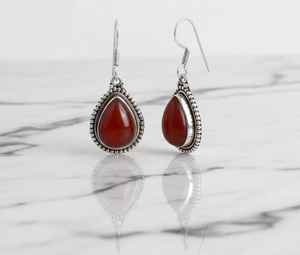 Carnelian <b>Teardrop</b> Dangle <b>Earrings</b> Sterling Silver Beaded Bezel Drop Simple Artisan Jewelry Gift For Women - Product Image 3