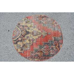 พรมวินเทจขนาด 3.6x3.6 ฟุต, พรมตุรกีทรงกลม, พรมสีน้ำตาลแดงไล่เฉด - Product Image 1