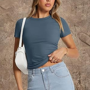 Camisetas recortadas de media manga para mujer, camisetas cortas ajustadas con cuello redondo, Camisetas básicas informales de verano de Color sólido - Product Image 5