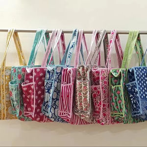 Sac fourre-tout matelassé fait main, sacs fourre-tout indiens matelassés, sacs d'épicerie, sacs fourre-tout à imprimé en bloc, sacs de voyage en coton, sac fourre-tout moyen - Product Image 1