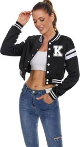 Veste universitaire de baseball vintage pour femme avec lettre imprimée College Coat Crop Top Blouson bombardier respirant teint uni - Product Image 5