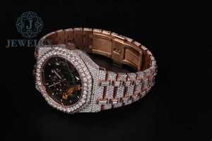 Elegante reloj de lujo con diamantes de oro rosa, cuarzo automático, moissanita, diseño helado, correa de acero inoxidable, zafiro resistente al agua - Product Image 4