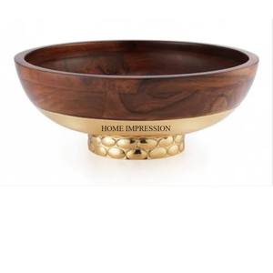 Hammered Texture High Graded Gold Plated Metal <b>Strips</b> Top and Base Designer With <b>Wooden</b> Made Round Shape Food & Salad Bowls - Product Image 3