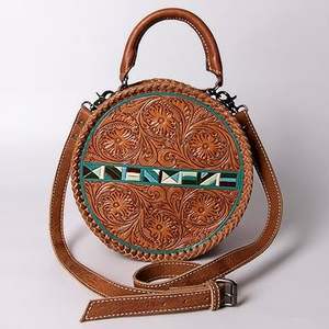 New Western Tooled Hair on Hide Fur Leather <b>Round</b> Canteen Bag High Quality Fashionable Fur Leather Zippered Circular <b>Sling</b> Bags - Product Image 1