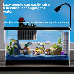 Aquarium transparent en acrylique de luxe durable pour poissons rouges et tortues, grand réservoir de 10 L avec couvercle, ensemble de neuf pièces avec nourriture, galets, lampe, plante bleue - Product Image 3