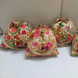 Indian Handmade Women's Embroidered Hand Bag Clutch Purse Drawstring Pouch Wedding Favor Return Gift For Guests Bridal Bags