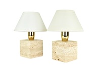 Lampe de table en marbre travertin de luxe avec abat-jour en tissu de lin, base en laiton, lumière ambiante chaude, décoration d'intérieur moderne