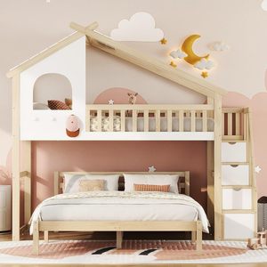 Lits pour enfants 90 x 200 cm avec échelle de rangement, <span class=keywords><strong>lit</strong></span> superposé et barrière de sécurité, dotés d'un design à plancher bas - Product Image 2