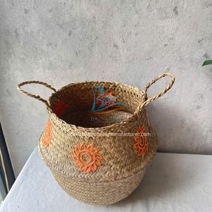 Customized Embroidery Orange Sun Pattern Seagrass <b>Foldable</b> <b>Basket</b> for Kitchen Bathroom Wardrobe or Living Room - Product Image 4