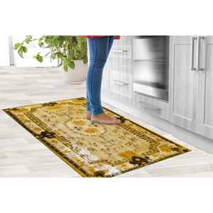 Tapis turc jaune : motif médaillon vintage, imprimé en 3D, tapis fin non tissé - Product Image 3
