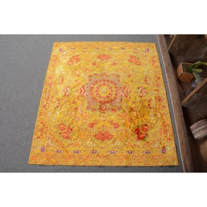 Turkish Vintage Rug, 3.37x3.9 ft Small Rug, <b>Yellow</b> Solid Rug - Product Image 1