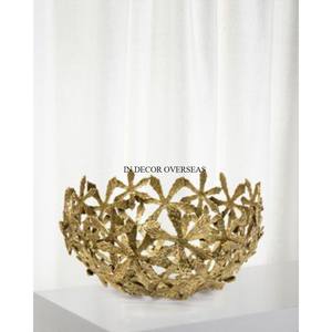 Bol de forme ronde miroir en verre clair inspiré de l'art vintage rustique avec des feuilles plaquées or Designer Base en métal Fourniture de maison et d'hôtel - Product Image 6