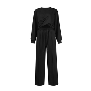 Venta al por mayor de alta calidad Pink Sweatsuit Crop Top Sudadera con capucha de cuello redondo de gran tamaño de pierna ancha Joggers Set French Terry sudadera Set Mujeres - Product Image 5