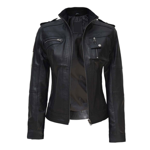 2024 Wholesale High Quality Ladies PU Leather Short Jacket Fashionable Breathable Women's <b>Stand</b> Collar Knitted Jacket - Product Image 4
