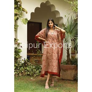 Handmade Floral Cotton <b>Kaftan</b> for Women <b>Long</b> Beach Cover-Up Dress Hand Block Printed <b>Kaftan</b> Natural Waistline Woven Washable - Product Image 3