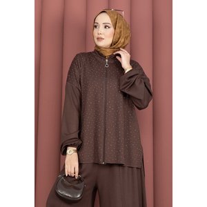 Conjunto de Dos Piezas para Mujer, Túnica con Cierre y Adornos de Piedras y Pantalones, Estilo Casual y Formal, Dos Longitudes, Talla XS - Product Image 2