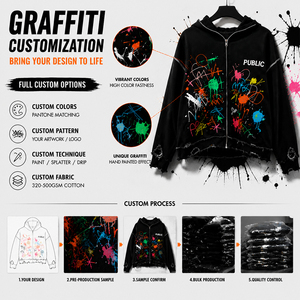 OEM Customized High Quality Flat Embroidery Contrasting Color Thread Hoodies Autumn Graffiti Distressed Full Zipper Hoodies <b>Men</b> - Product Image 3