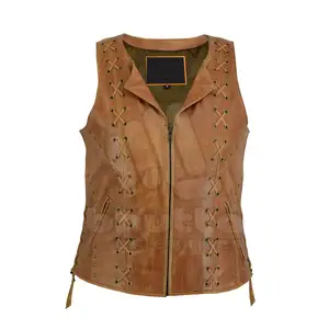 Genuine Leather Women Vests Fashionable Latest Design V-Neck Collarless Leather Vest For Women